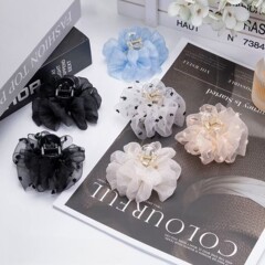 女性用のエレガントな刺繍メッシュリボンヘアピン、2025年の新しいスタイルの後頭部ヘアピン、髪のボリュームを示すシャーククリップ