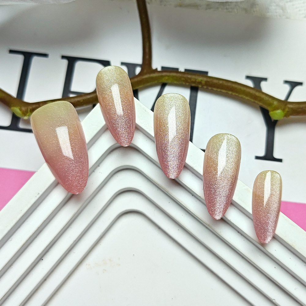 10 piezas de parche de uñas de ojo de gato de código dividido, uñas postizas degradadas en polvo amarillo nude, lindas y dulces uñas de vestir hechas a mano