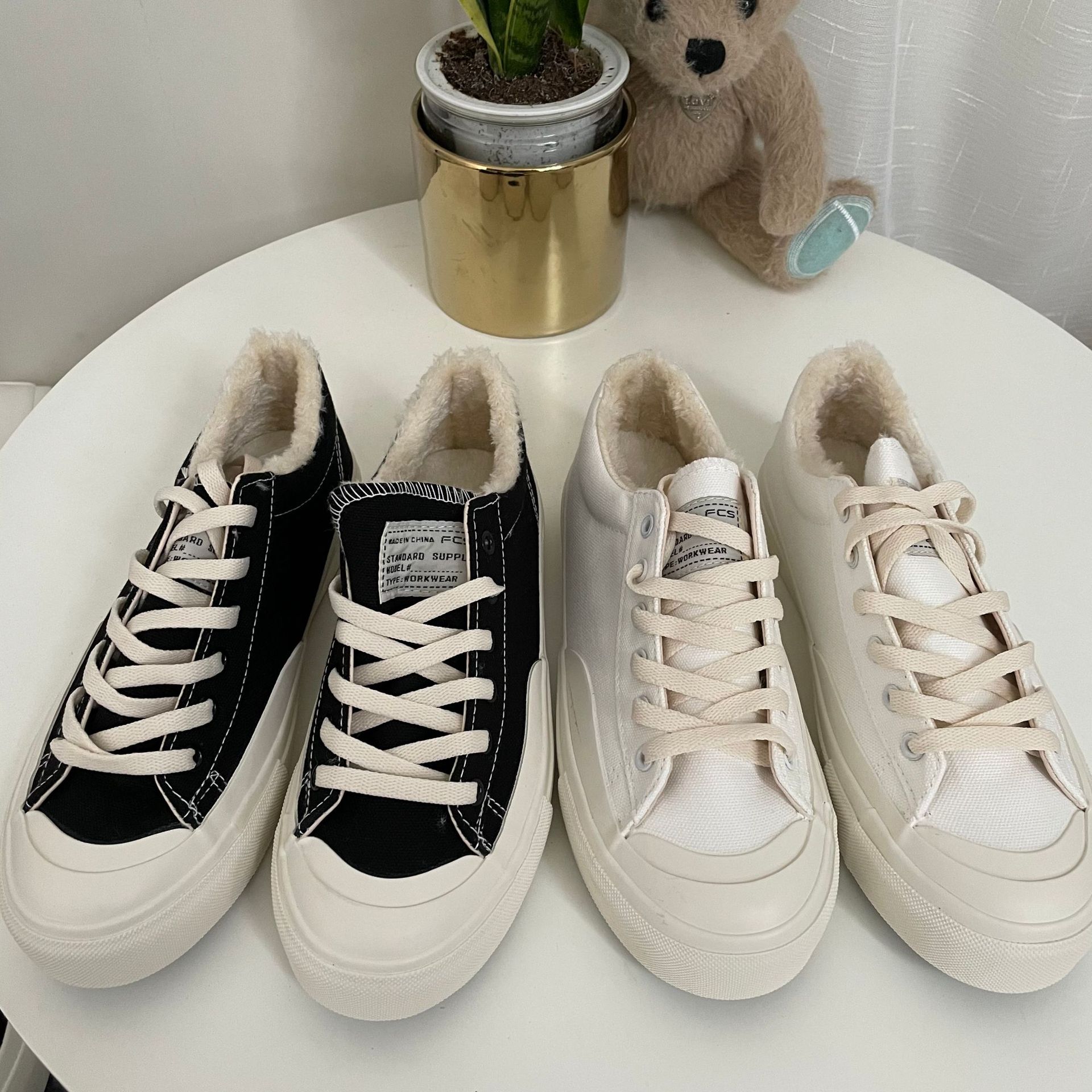 FCS帆布鞋女秋冬加绒2021年五洲新款低帮保暖棉鞋百搭i学生F301