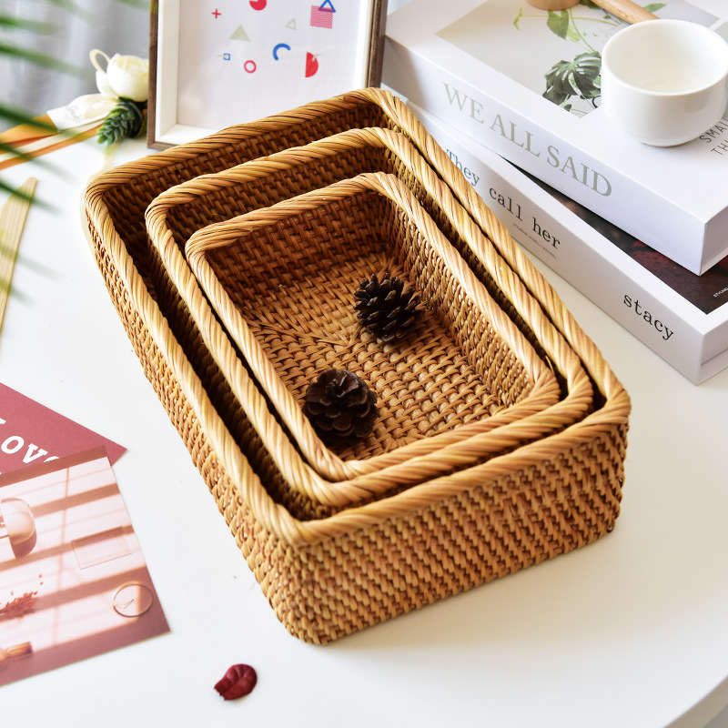 Cestas de almacenamiento de caña artesanal vietnamita, cestas de almacenamiento de frutas, cestas de almacenamiento de pan, cestas de almacenamiento de escritorio para el hogar, sala de estar