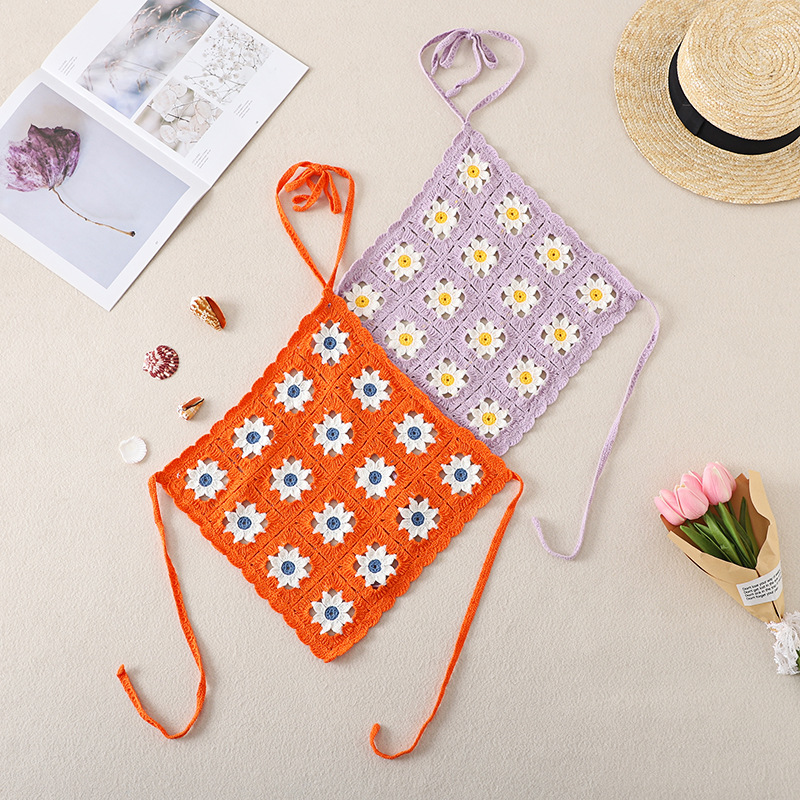 European and American style 2022 cross-border summer New woven contrast color flower embroidered halter backless sexy sling top