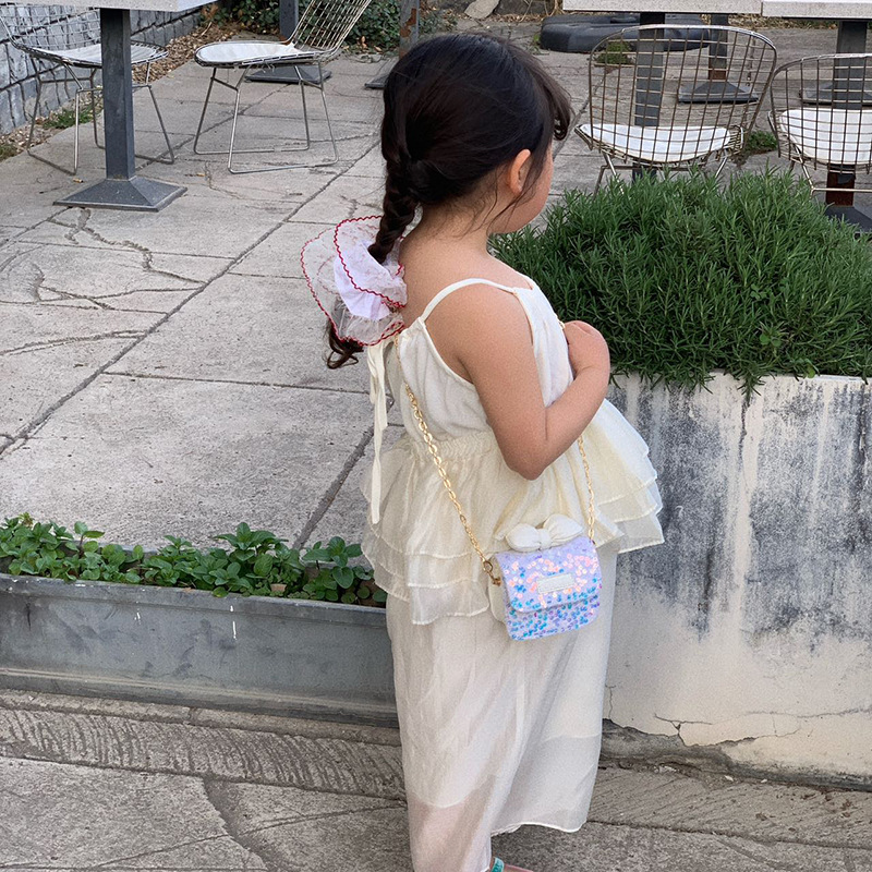 Estilo occidental princesa bolso de hombro lindo lazo color sólido mini bolso de cadena de bebé nuevo bolso de moda con lentejuelas para niños