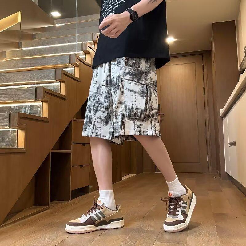Men's Casual Cargo Shorts Summer New Printed Trendy Multi-Pocket Loose Plus Size Beach Shorts Knee-Length Shorts