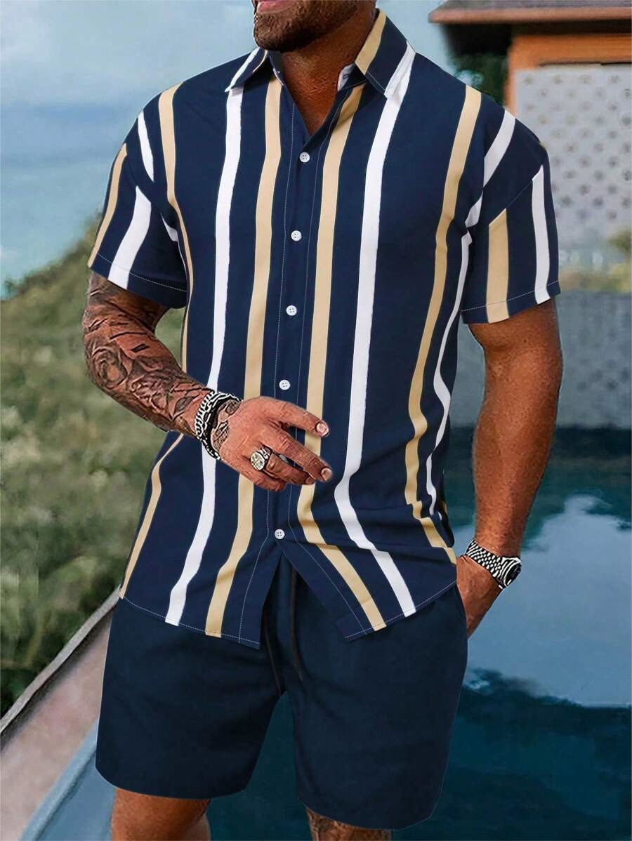 Men's Summer Beach Shorts Set With 3D Digital Print Black White Contrast Vacation Style Casual Short Sleeve_viptrois.com