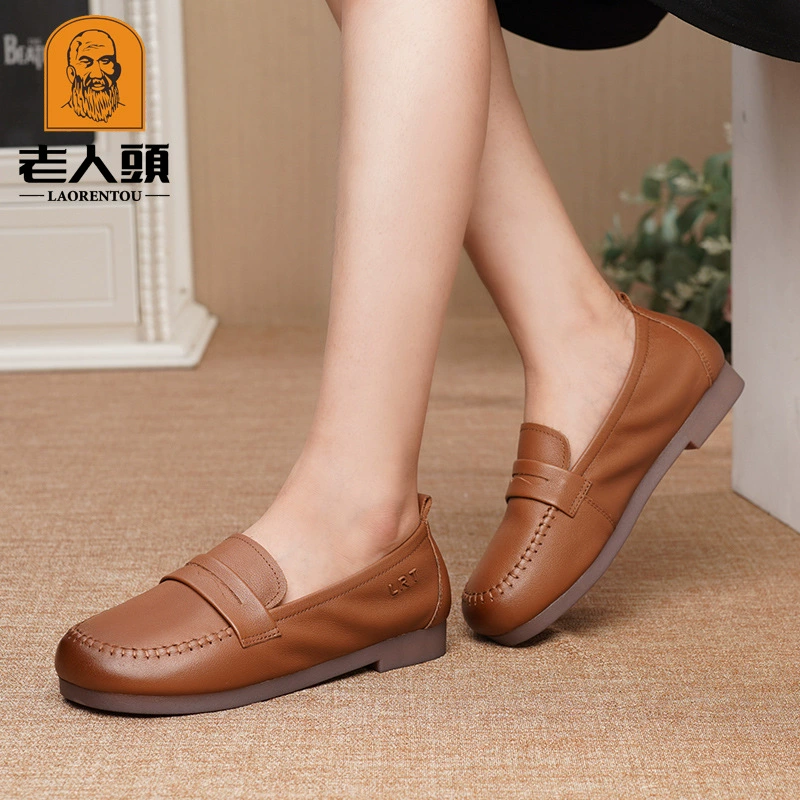 Мокасины на плоской подошве с мягкой подошвой 32 британские дышащие слипоны с головой старика 355 женская кожаная обувь с мягкой подошвой одинарная обувь из воловьей кожи