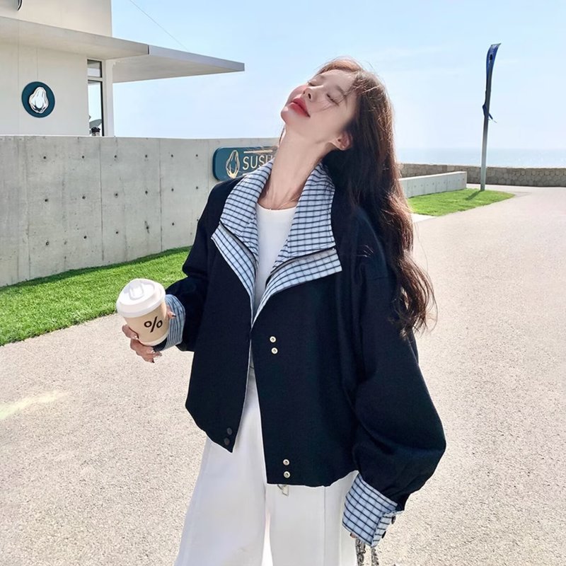 设计感复古格纹外套女2025早秋南油新款时尚百搭撞色拼接宽松夹克|undefined
