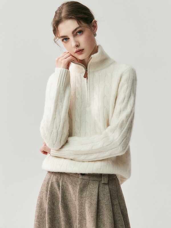 Eternal Aesthetics ~ Autumn and Winter Thickened Cashmere Sweater Women's Half High Zipper Collar Pullover Sweater Wool Knitted Sweater Regular