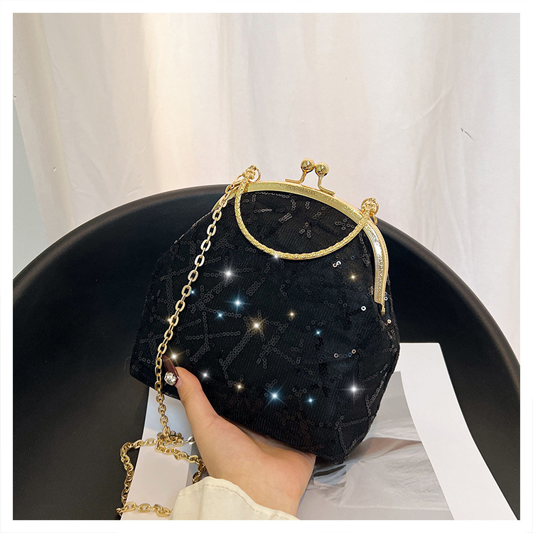 Women's Medium Pu Leather Gauze Solid Color Elegant Classic Style Sequins Shell Clasp Frame Dome Bag display picture 3