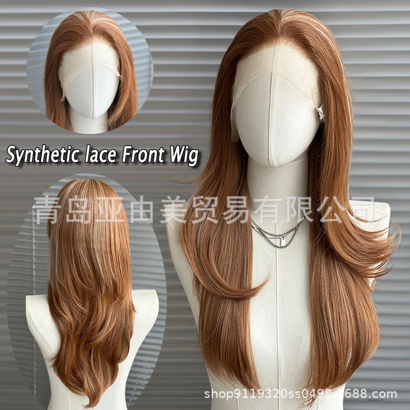 Factory-made European and American fashion wigs, front lace synthetic fiber cap, 13*4 mixed gold color, high-density heat-resistant fiber, simulating human hair