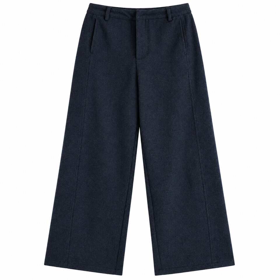 Quần ống rộng lưng cao dáng suông chất len cashmere phối len cừu — Xanh navy chi tiết 13