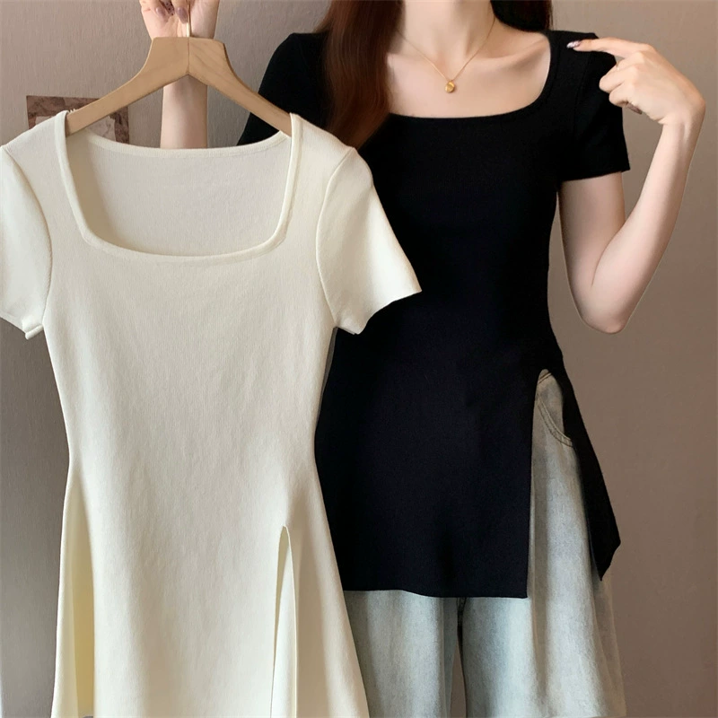 100kg Женская утягивающая трикотажная футболка с коротким рукавом больших размеров с квадратным вырезом на лето с разрезом для пышных женщин.