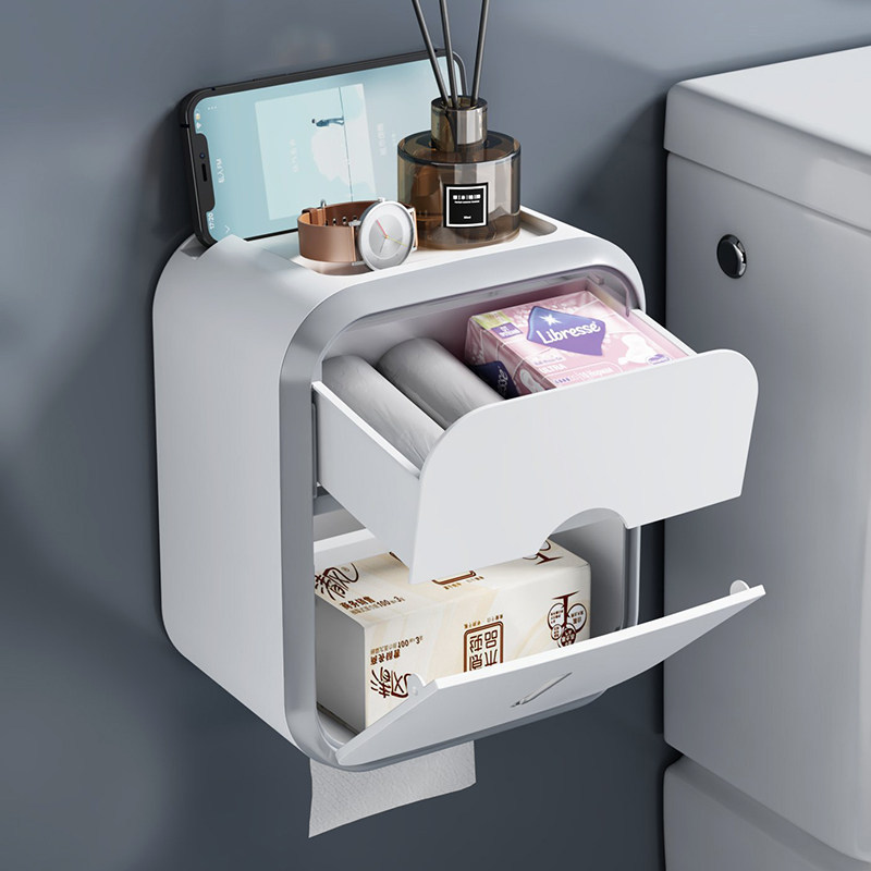 Bathroom Tissue Box Wall-Mounted Toilet Paper Holder No-Drill Tissue Dispenser Bathroom Storage Rack Toilet Paper Roll Holder