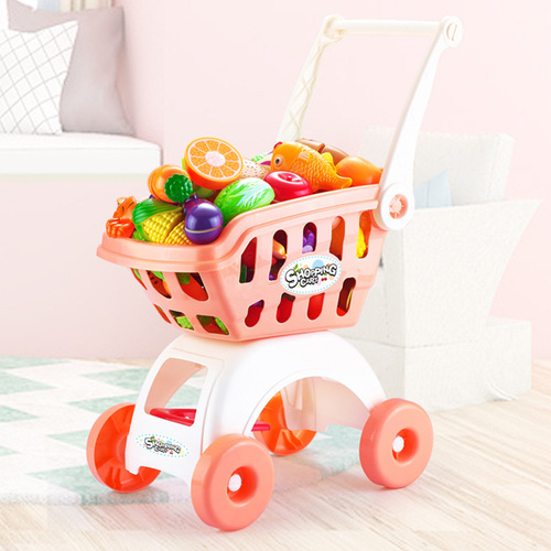 Toy shopping cart for playing house, suitable for both boys and girls, with features like fruit cutting and a toy baby stroller.