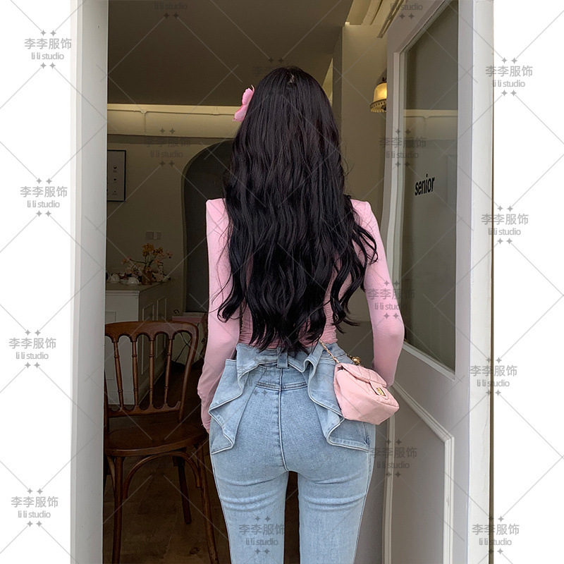 亦菲同款立体蝴蝶结牛仔裤女2025夏款欧若风高腰显瘦翘臀喇叭裤子|undefined