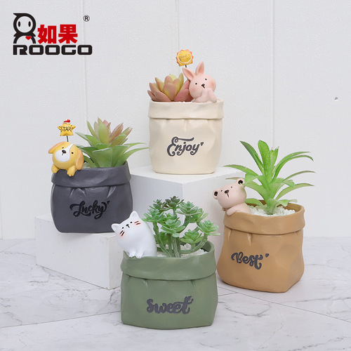 Creative imitation paper bag resin succulent flower pot micro landscape office desktop storage pen holder small potted plant ornaments wholesale