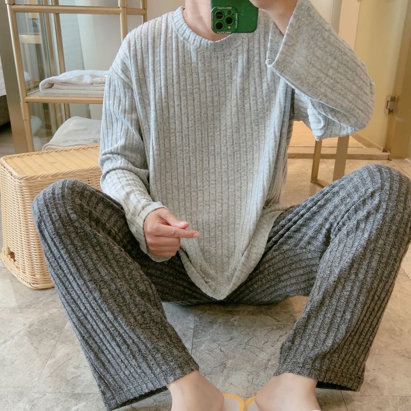 High-End Gray Men's Pajamas for Autumn and Winter, Warm Knitted Fleece, Plus-Size, Long-Sleeve, Spring and Autumn Loungewear Set
