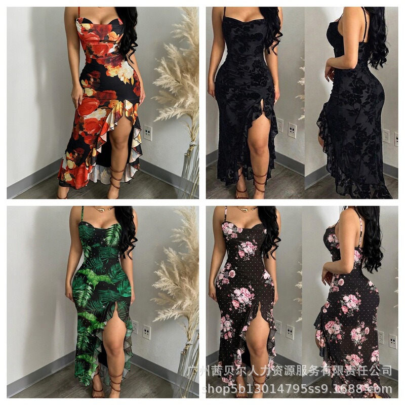 Odf4890 Series Floral Print V-Neck Ruffled Patchwork Side-Slit Casual Dress