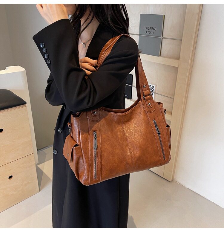 Túi tote nữ dung tích lớn đeo chéo đeo vai phong cách retro, chất liệu PU mềm — Màu cà phê, Màu nâu, Màu đen chi tiết 15