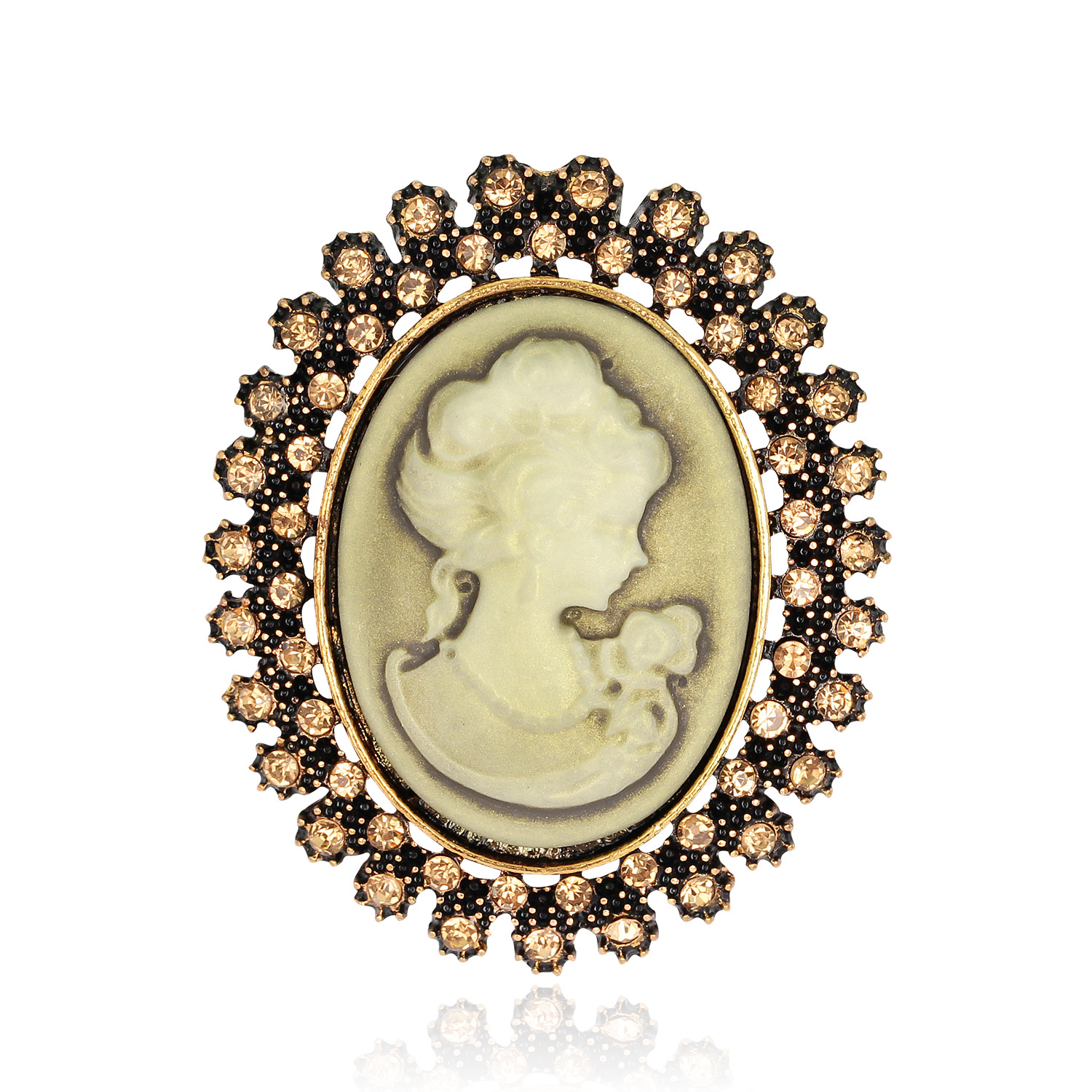 欧美复古树脂创意美人头合金水钻胸针 古金气质镶钻服饰别针胸花