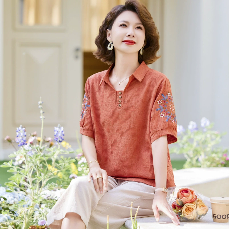 Летняя рубашка с короткими рукавами для мамы, новый женский комплект из двух предметов для похудения среднего и пожилого возраста с вышивкой, закрывающий живот, повседневный комплект из хлопка и льна