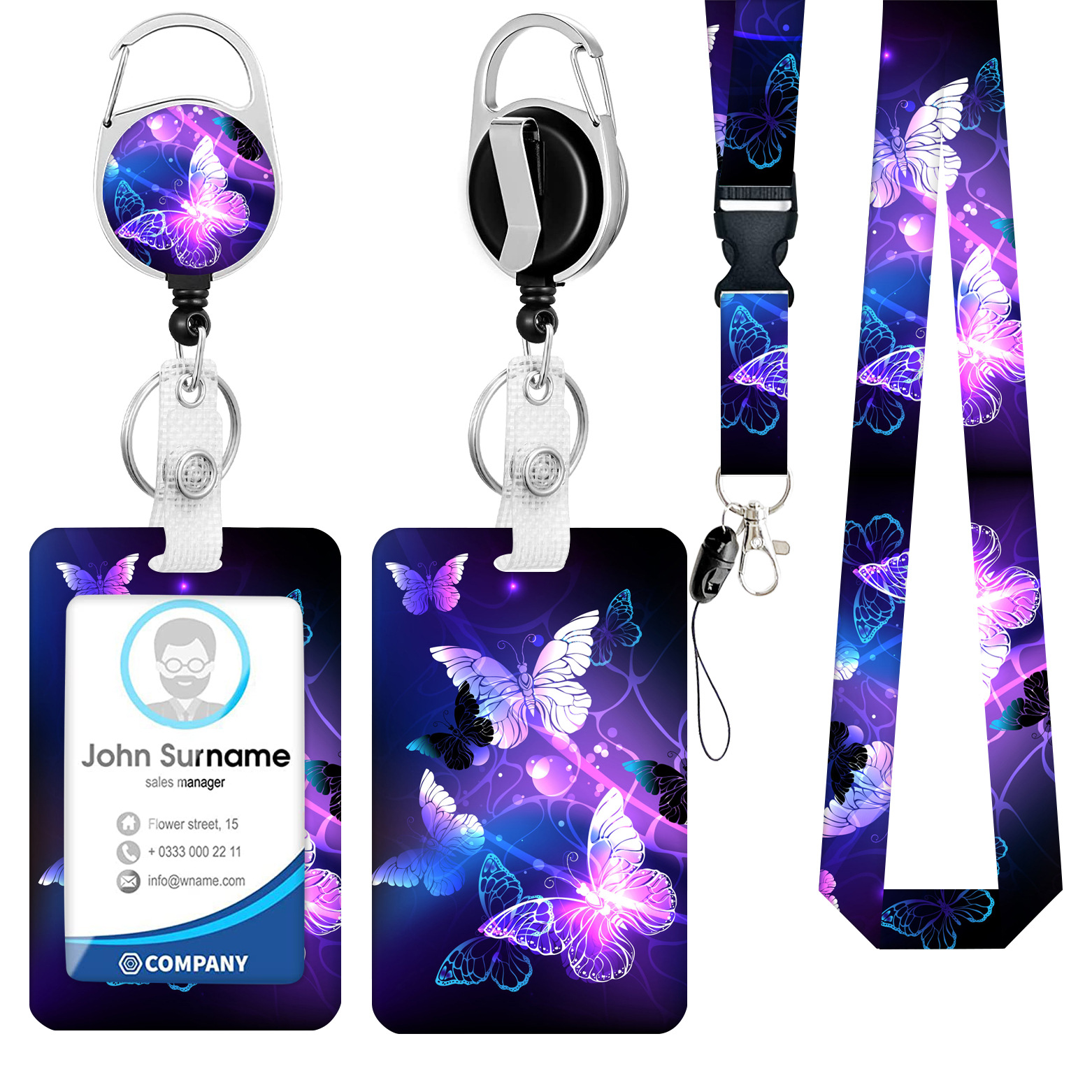 Redondo aleación de zinc mariposa epoxi hebilla fácil de tirar flor fácil de tirar poliéster Cordón de transferencia térmica Certificado de impresión titular de la tarjeta