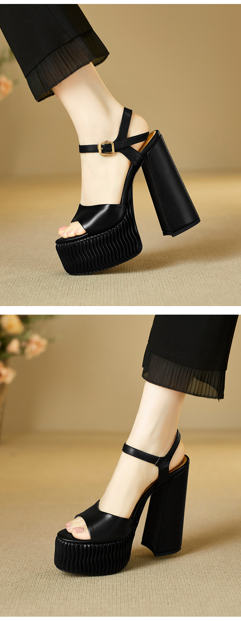 Sandal cao gót nữ quai ngang miệng cá đế xuồng 15 cm da thật — Màu đen chi tiết 7