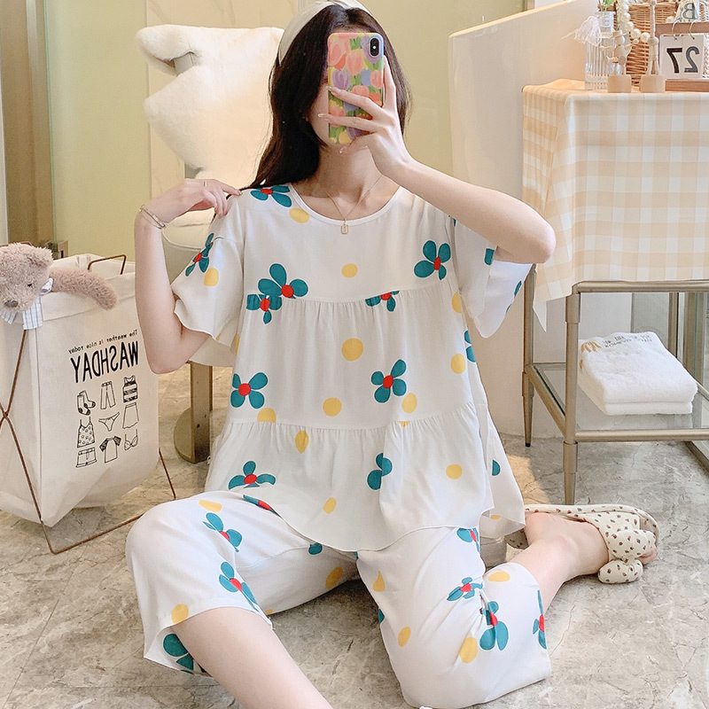 Pijamas de seda de algodón de manga corta de verano Estilo occidental de las mujeres aire acondicionado Delgado desgaste del hogar Chica japonesa dulce estudiante de algodón traje de seda