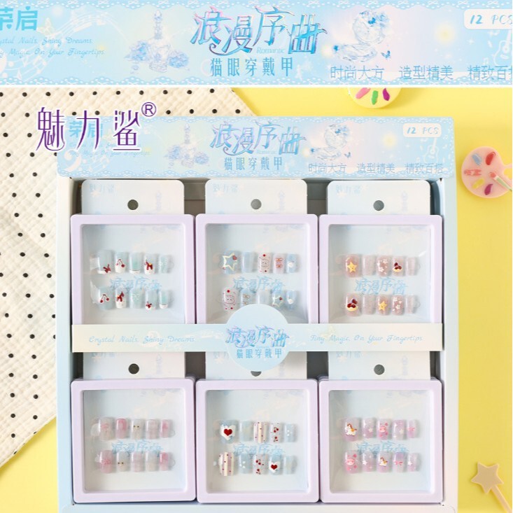 3008 Short Nails with Bowknot Cat Eye Design, Simple Handmade Nails, Wearable Nail Art Wholesale, Fairy Nail Tips, Night Market Stall