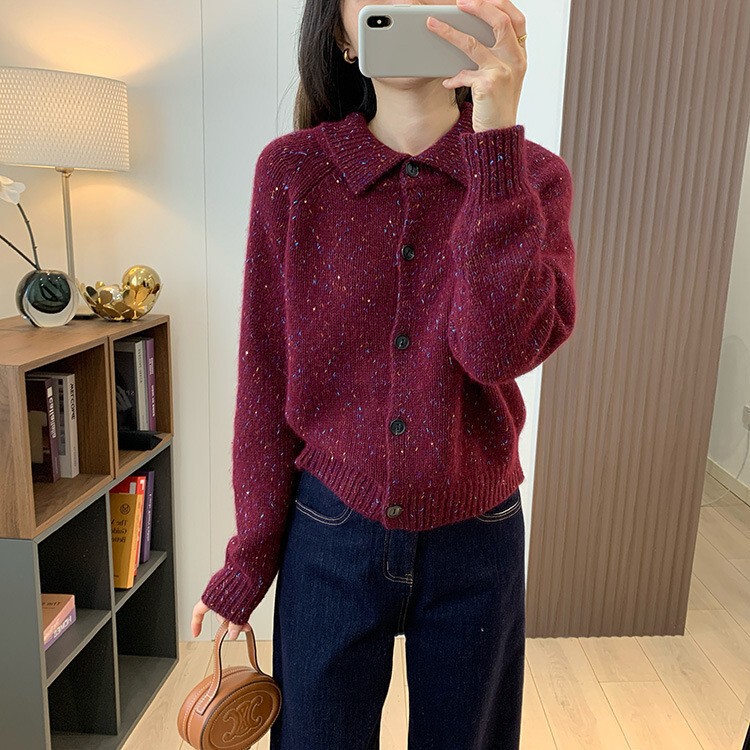 K30 Non-Returnable, Non-Exchangeable, Warm Retro British-Style Floral Yarn Wool Rabbit Fur Lapel Knitted Cardigan