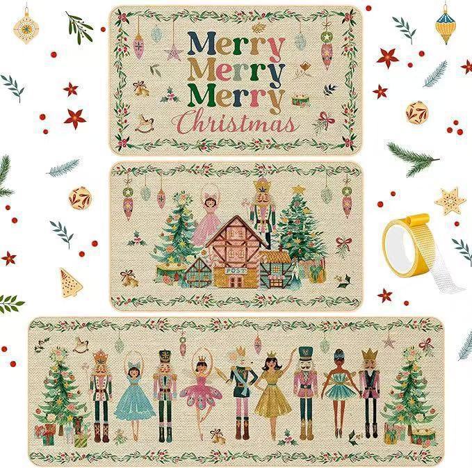 Cross-border Christmas kitchen floor mat three-piece set, corridor dirt-resistant and wear-resistant foot mat, home use long strip dustproof decorative floor mat
