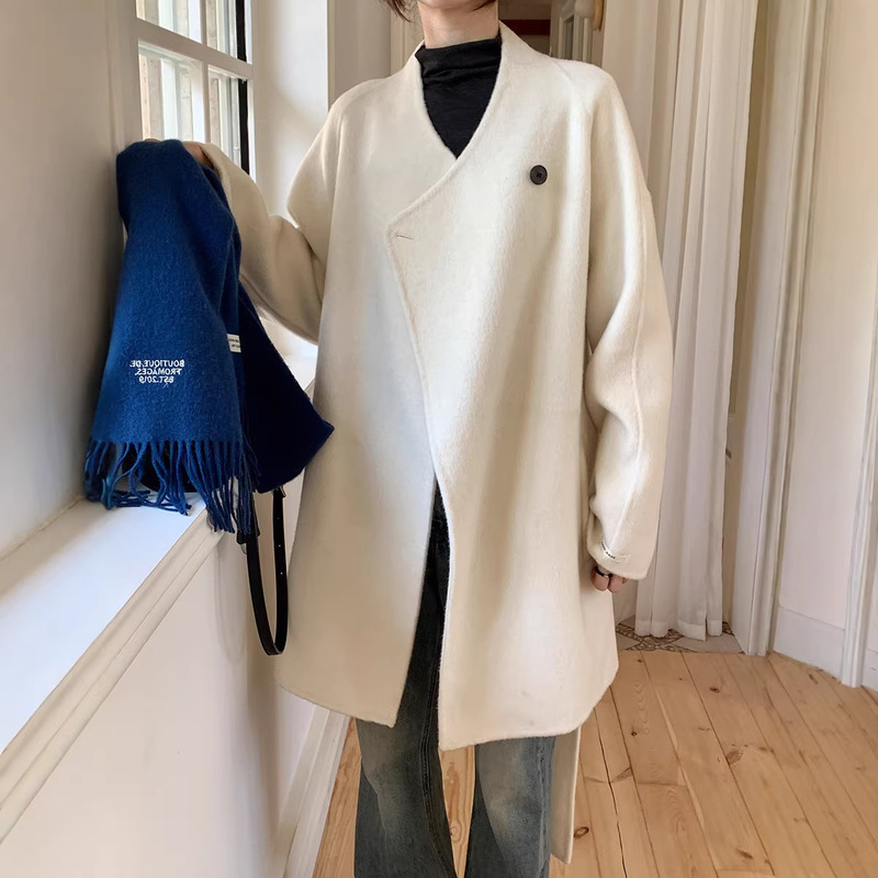 [Off-Season Special Offer, No Refunds or Exchanges] Korean-Style White Woolen Coat, New Autumn and Winter Model, High-End Double-Sided Woolen Coat