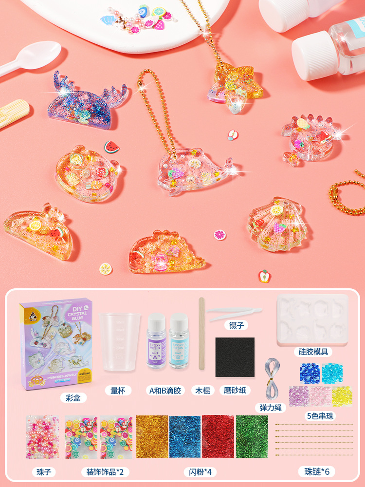 Accesorios de epoxi de cristal de bricolaje hechos a mano para niños, paquete de material, pintura de pegamento sin hornear, mochila, accesorios colgantes, juguetes de juego