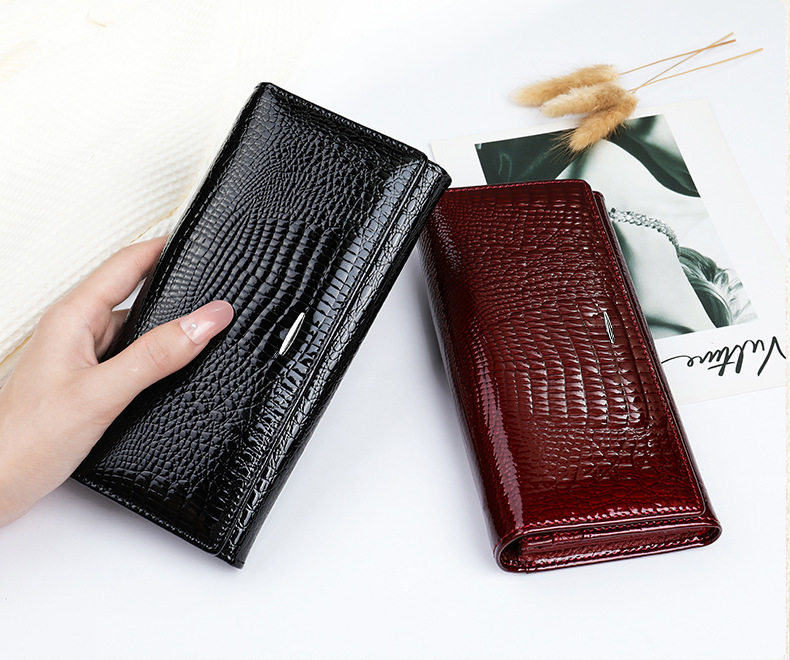 Ví nữ cầm tay da bò thật cao cấp, ví gấp đôi nhiều ngăn đựng tiền xu và thẻ — 1100 Màu Đỏ, 1100 màu đen, 1100 đỏ rượu, 1068 Màu Đỏ chi tiết 22