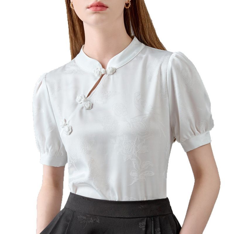 Nueva camisa de satén de ácido acético chino para mujer 2025 verano nuevo estilo nacional de manga corta estilo occidental de gama alta chic hermosa camisa pequeña