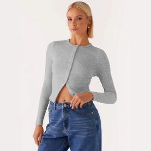 Ebay Cross-border European and American Women's 2025 Spring and Summer New Solid Color Slim-fit High-end Long Sleeve Button Cardigan Top