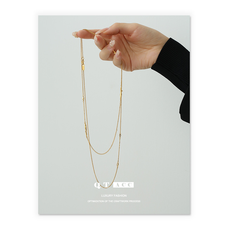 Alta retención de color chapado en oro estilo minimalista europeo y americano nicho moda todo-fósforo ZIRCON incrustaciones de titanio Cadena de acero collar de doble capa