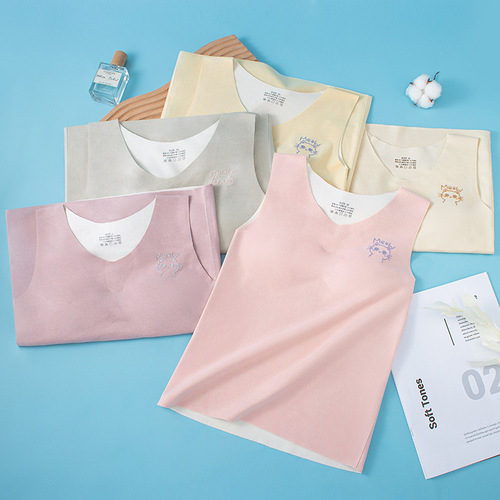 Children's Fleece Warm Vest for Girls, Winter Invisible Seamless Close-Fitting Round Neck Double-Side Fuzzy Inner Layer Underwear