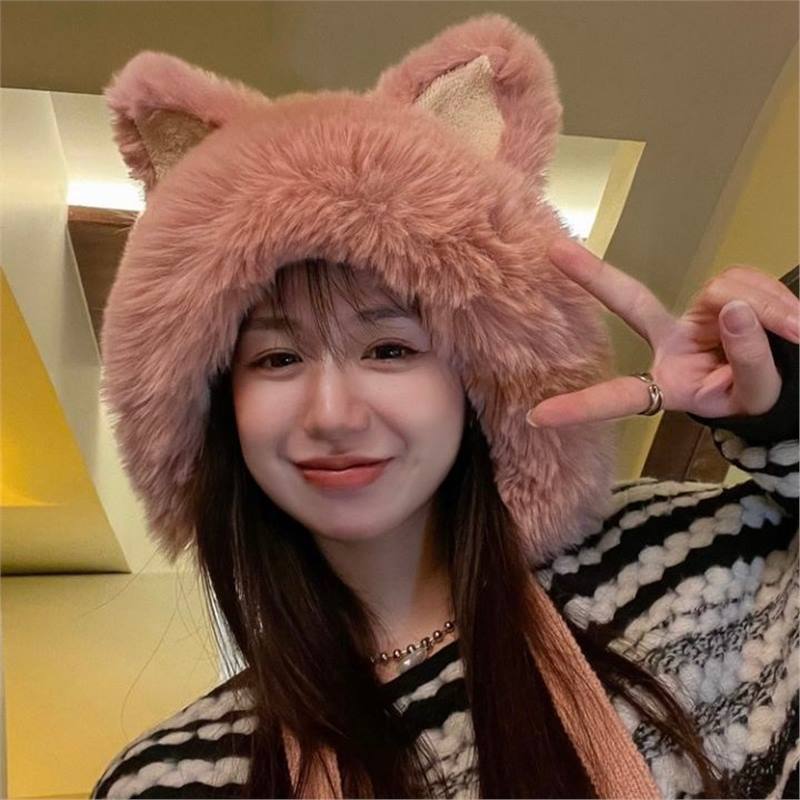 韩版甜美可爱狐狸耳朵毛绒针织雷锋帽子女秋冬保暖护耳毛线冷帽潮|undefined