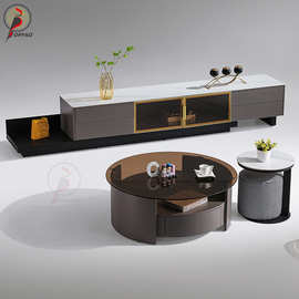 意式轻奢现代圆形岩板钢化玻璃客厅家用小户型网红创意茶几电视柜