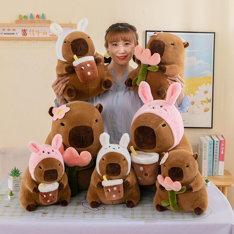 cross-border cartoon cute milky tea cup capybara doll rabbit hat capybara figurine doll sleeping pillow gift