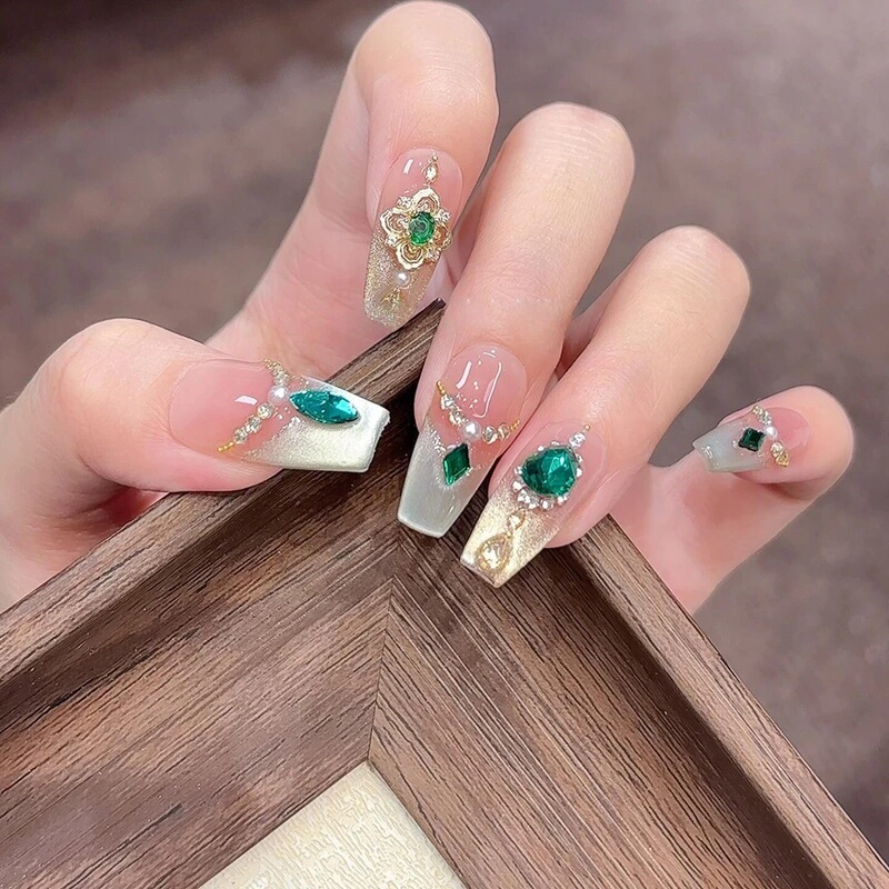 [Aladdin] Purely Handmade Wearable Nails, Zircon Green Diamond Manicure, High-Quality Diamond Green Cat-Eye Elegant Fake Nails