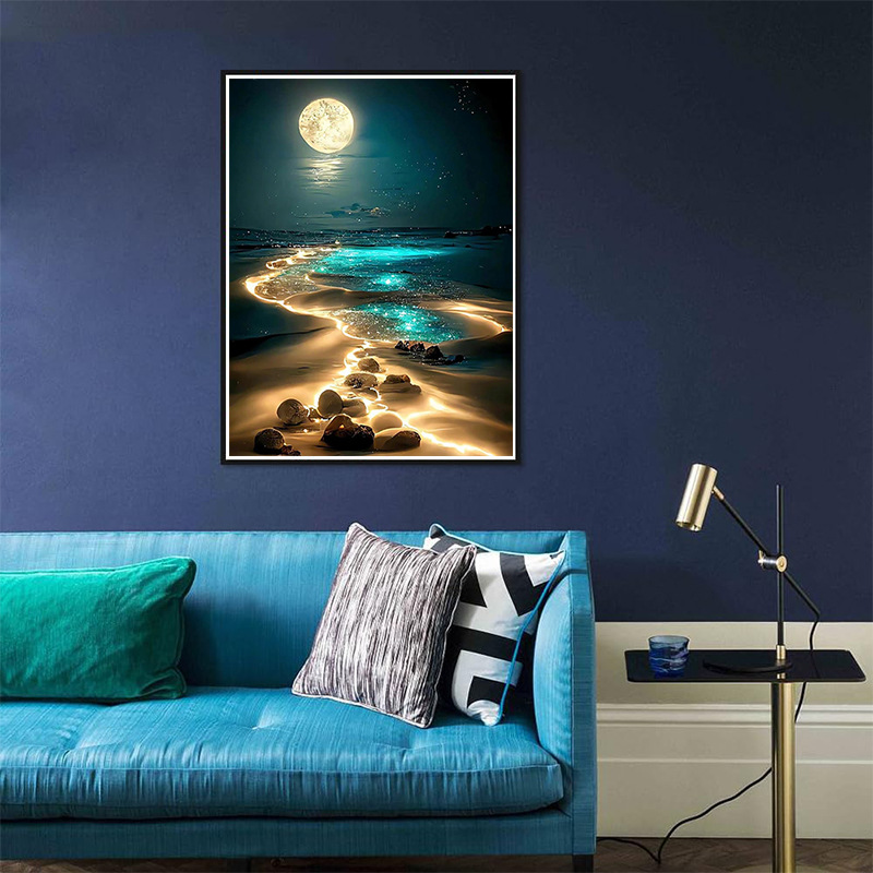 Pintura de diamantes DIY transfronteriza al por mayor, 5D, superventas, con diseño de luna junto al mar, diamantes redondos, diamantes completos, diamantes cuadrados, pintura decorativa para sala de estar