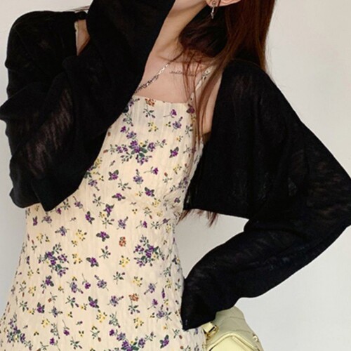Ice-silk knitted sun-proof cardigan: Short, sheer design—perfect for pairing with a slip dress in summer; also serves as an air-conditioned shawl or lightweight jacket.