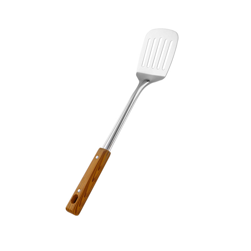 Juego de utensilios de cocina de acero inoxidable para cocinar aislamiento térmico engrosado mango de grano de madera espátula colador cuchara de sopa al por mayor utensilios de cocina domésticos