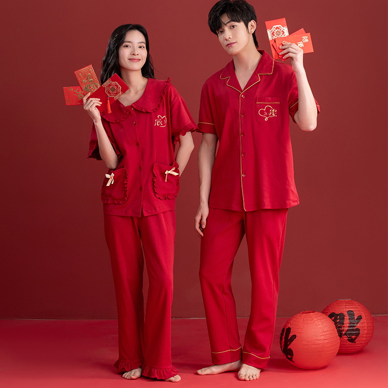 Pijamas Boda boda pareja traje rojo algodón hombres mujeres pantalones de manga corta pareja de media manga pijamas verano