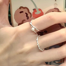 珍珠交叉叠戴细戒指女时尚轻奢小众设计感气质简约精致可调节指环