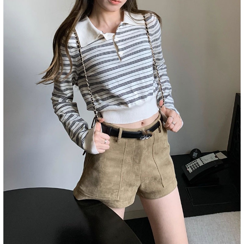 miu伯德小姐 POLO领条纹针织衫女2025秋设计感宽松休闲短款上衣女|undefined