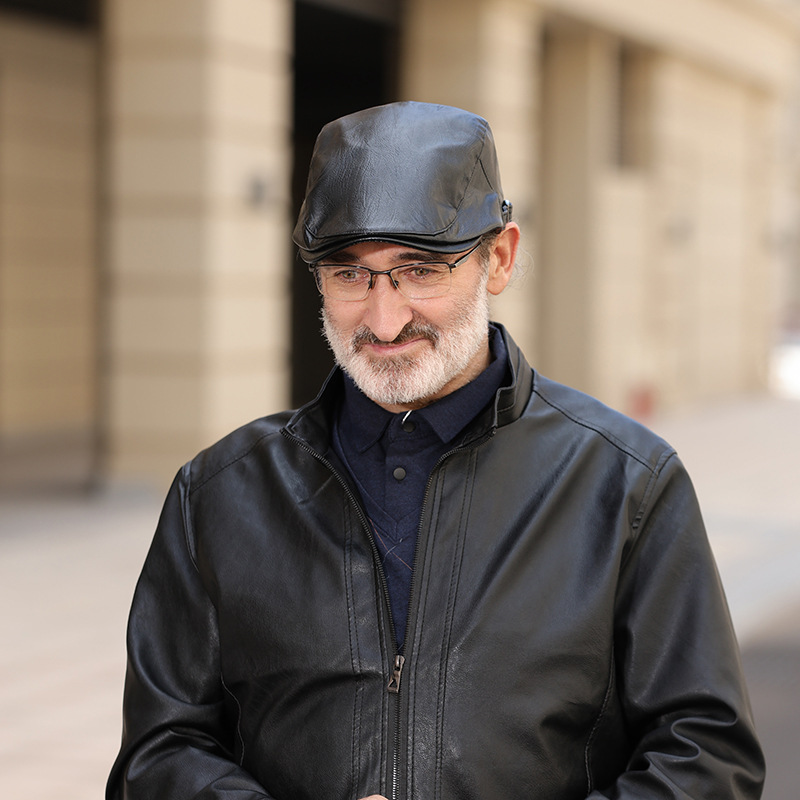 Boina de cuero de los hombres de cuero enarbolado gorra de mediana edad y ancianos de cuero de invierno sombrero delantero de las mujeres sombrero de cuero caliente