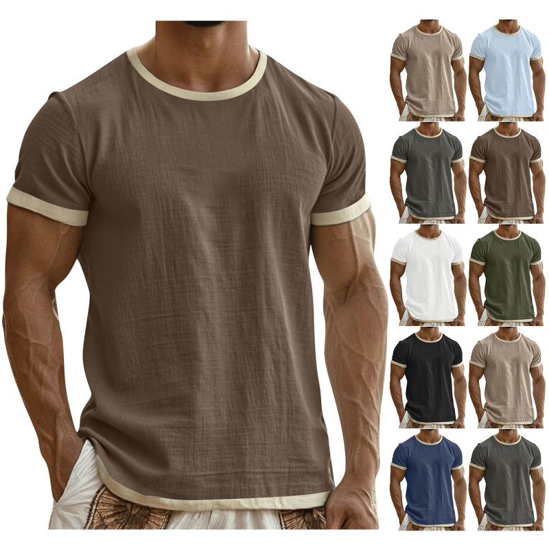 Men's Solid Color Cotton and Linen Short-Sleeved Round Neck Casual Sports T-Shirt Top