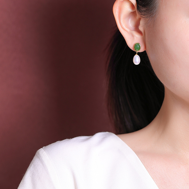 Bông tai bạc S925 mạ vàng đính ngọc trai nước ngọt và đá jasper sáp ong mặt trứng phong cách retro — Mô hình sáp ong